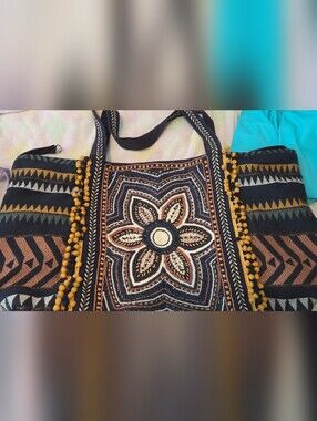 Embroidered Floral Tote Bag - Navy, Cream & Mustard